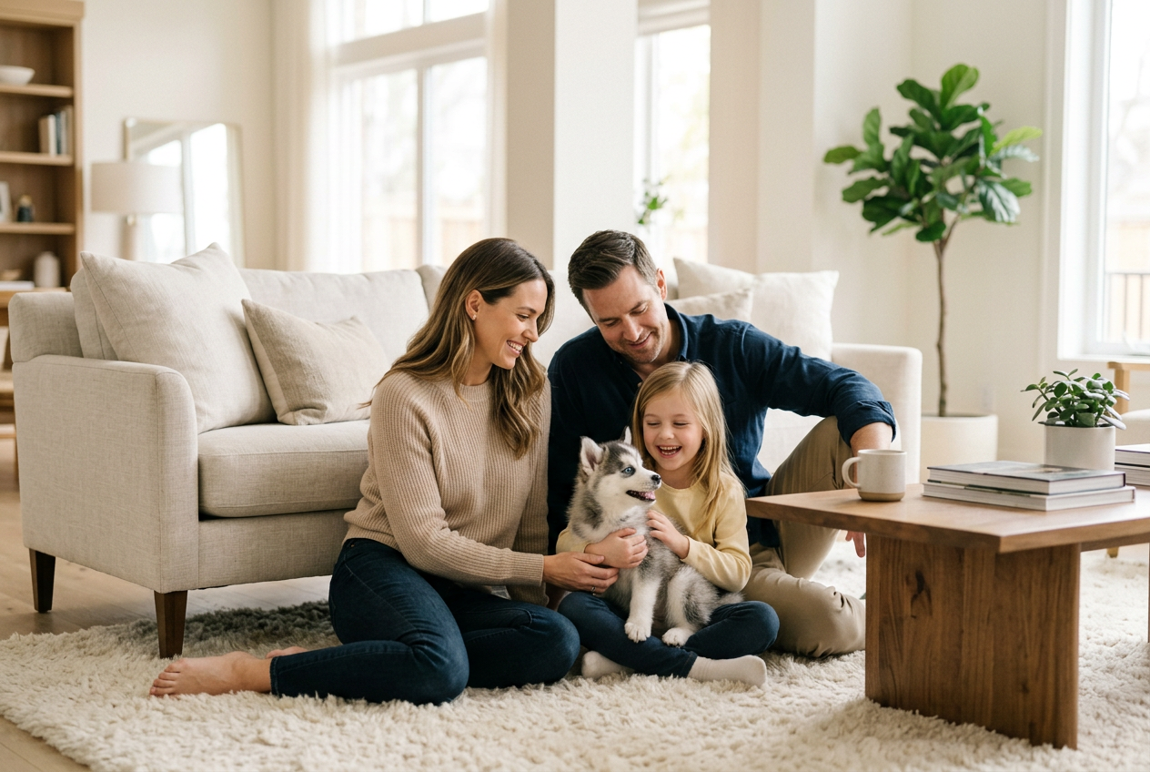 Familia feliz compartiendo momentos de bienestar con su cachorro Pomsky en Colombia