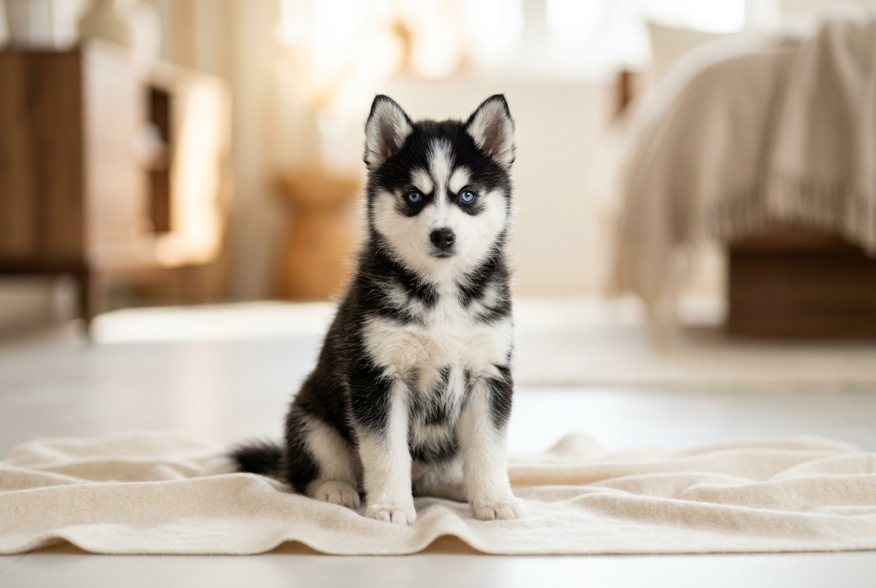 Cuidado y estimulación temprana de cachorros Pomsky en ambiente enriquecido